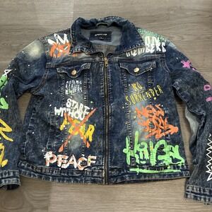 Argonaut Nation Vintage Urban Graffiti Printed Blue Denim Jean Jacket | Size S